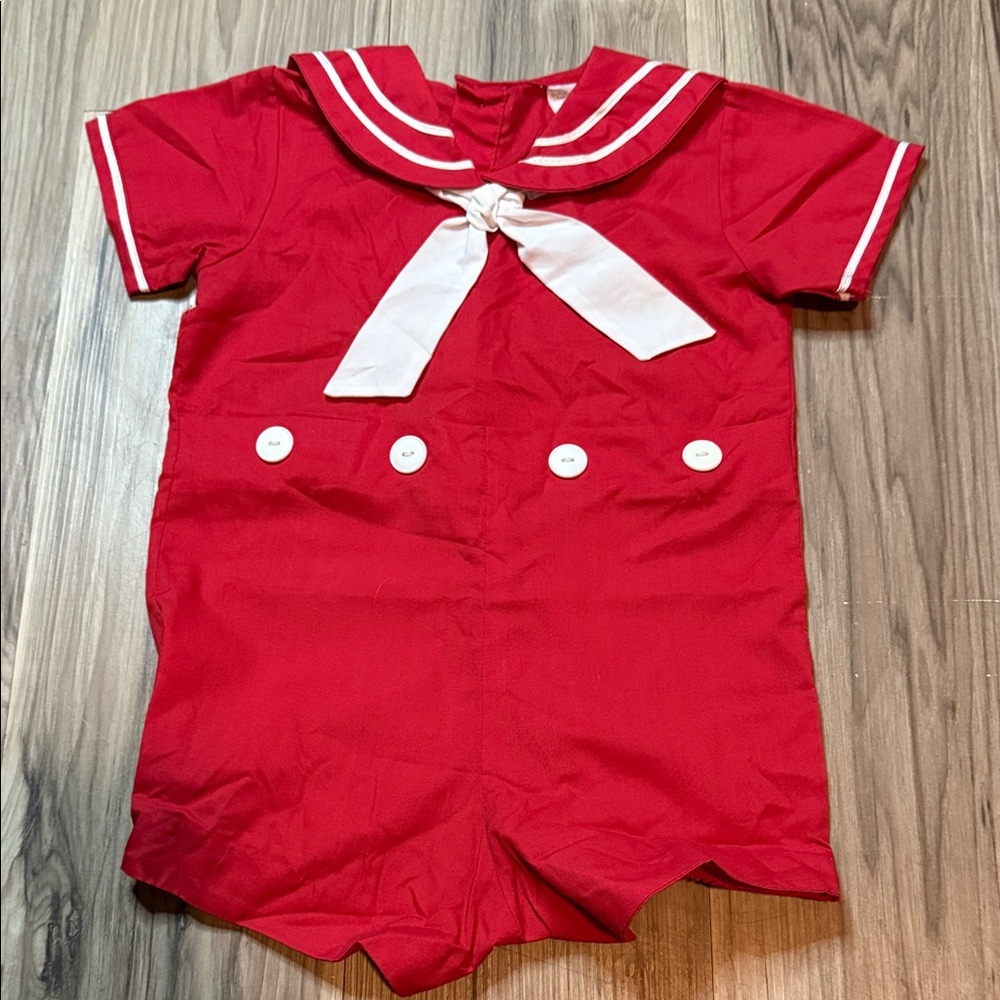 Vintage Red Sailor-Style Infant Romper with White Tie